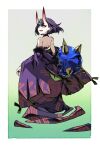  1girl bare_shoulders fate/grand_order fate_(series) gradient gradient_background gradient_horns highres horns japanese_clothes lamian_(pixiv415608) looking_at_viewer looking_back multicolored_horns off_shoulder oni oni_horns parted_lips patterned patterned_clothing pointy_ears purple_hair short_hair shuten_douji_(fate/grand_order) smile solo spikes violet_eyes 