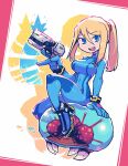  1girl :d blonde_hair blue_bodysuit blue_eyes bodysuit breasts covered_navel drop_shadow english_commentary eyebrows_visible_through_hair flying_sweatdrops gun hair_between_eyes high_heels highres holding holding_gun holding_weapon large_breasts long_hair looking_at_viewer metroid metroid_(creature) mixed-language_commentary mole mole_under_mouth navel open_mouth ponytail rariatto_(ganguri) redrawn samus_aran smile solo trigger_discipline twitter_username upper_teeth weapon wristband zero_suit 