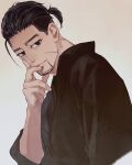  1boy alternate_costume black_eyes black_hair black_kimono closed_mouth facial_hair facial_scar finger_to_chin goatee golden_kamuy hair_strand isa_(peien516) japanese_clothes kimono looking_at_viewer male_focus ogata_hyakunosuke scar scar_on_cheek short_hair simple_background solo upper_body 