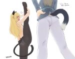  2girls animal_ears artist_name ass black_legwear blonde_hair blush cat_ears cat_tail contrapposto eila_ilmatar_juutilainen english_text from_below glasses hand_on_hip highres long_hair military military_uniform multiple_girls panties panties_under_pantyhose pantyhose perrine_h_clostermann seraziel split standing standing_on_one_leg standing_split strike_witches tail underwear uniform white_background white_legwear white_panties world_witches_series yellow_eyes 