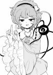  blouse buttons cowboy_shot eyeball eyebrows_visible_through_hair frilled_shirt_collar frills hair_ornament hairband heart heart_hair_ornament heart_of_string highres komeiji_satori long_sleeves looking_at_viewer maguro_(mawaru_sushi) monochrome open_mouth ribbon-trimmed_collar ribbon_trim short_hair third_eye touhou wide_sleeves 