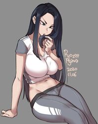  1girl agawa_ryou arm_support artist_name black_hair breasts crop_top curvy grey_background grey_eyes holding holding_hair large_breasts long_hair midriff navel original pants shirt short_sleeves sidelocks sitting t-shirt thighs tight tight_pants yoga_pants 