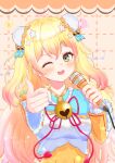  1girl absurdres blonde_hair blush fang fue_(lars0713) green_eyes highres holding holding_microphone hololive long_hair microphone momosuzu_nene music one_eye_closed open_mouth pointing pointing_at_viewer singing solo two_side_up virtual_youtuber 