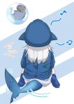  1girl animal_hood back bloop_(gawr_gura) blue_background blue_footwear blue_hoodie commentary english_commentary english_text fish_tail from_behind full_body gawr_gura highres hololive hololive_english hood hoodie long_hair mixed-language_commentary musical_note shark_hood shark_tail silver_hair simple_background sitting socks tail tail_wagging two-tone_background wariza weizen white_background 