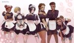  6+girls apex_legends ass bangalore_(apex_legends) black_hair blonde_hair blue_eyes breasts brown_eyes brown_hair commentary_request crossed_arms dark_skin dbdkitty double_bun earrings highres jewelry kunai large_breasts lifeline_(apex_legends) loba_(apex_legends) long_hair looking_at_viewer maid maid_headdress medium_breasts multiple_girls one_eye_closed rampart_(apex_legends) smile thick_thighs thigh-highs thighs wattson_(apex_legends) weapon white_legwear wraith_(apex_legends) 