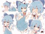  animal_ears bangs bell blue_background blue_dress blue_eyes blue_hair bow cat_ears cirno dress eating eyebrows_visible_through_hair food hair_bow highres lying mooosikasite onigiri paw_pose red_bow red_neckwear short_hair simple_background standing touhou v white_background 