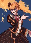  1girl beatrice_(umineko) black_choker blue_background blue_eyes blush bow braid breadytime bright_pupils choker collarbone dress english_commentary evil_grin evil_smile eyebrows_visible_through_hair fang flower french_braid frilled_choker frilled_dress frilled_sleeves frills furrowed_eyebrows grin hair_flower hair_ornament highres holding holding_pipe juliet_sleeves kiseru long_sleeves orange_hair pink_bow pink_nails pipe puffy_sleeves red_flower red_rose rose sidelocks smile smoke solo sparkle umineko_no_naku_koro_ni white_pupils wide_sleeves yellow_butterfly 