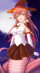  1girl :d blush breasts collarbone dated elbow_gloves fang full_moon fur_trim gloves hair_between_eyes hair_ornament hairclip halloween halloween_costume highres lamia long_hair miia_(monster_musume) monster_girl monster_musume_no_iru_nichijou moon open_mouth pointy_ears redhead scales sidelocks skirt smile solo tail witch witch_costume yellow_eyes z_-_chcrghan 