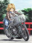  1girl alternate_costume black_footwear black_gloves blonde_hair blue_sky boots colored_pencil_(medium) commentary_request contemporary day denim gloves green_eyes ground_vehicle highres jacket jeans knee_pads leather leather_jacket looking_at_viewer mizuhashi_parsee motion_blur motor_vehicle motorcycle outdoors pants parted_lips pointy_ears railing road rpracing short_hair signature sky solo touhou traditional_media 