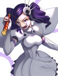  1girl angry arrancar bleach breasts cirucci_sanderwicci dress elbow_gloves fake_wings fingerless_gloves gloves hair_ornament holding holding_whip medium_breasts nail_polish open_mouth puffy_short_sleeves puffy_sleeves purple_hair purple_nails short_hair short_sleeves short_twintails shouting solo soraao0322 teardrop_facial_mark twintails violet_eyes whip white_background white_dress white_gloves wings 