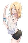  1girl bangs black_bra black_shorts blonde_hair blue_eyes blush bra bra_through_clothes bralines brushing_teeth casual collarbone cowboy_shot cup dolphin_shorts fingernails hand_up highres holding holding_cup hololive hololive_english looking_at_viewer mug off_shoulder shirt short_shorts shorts simple_background solo syhan t-shirt toothbrush_in_mouth translucent_shirt underwear virtual_youtuber waking_up watson_amelia white_background white_shirt 