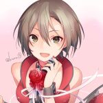  1girl bare_shoulders brown_eyes brown_hair commentary flower hand_up kuroi_(liar-player) looking_at_viewer meiko meiko_(vocaloid3) microphone nail_polish open_mouth pink_background red_flower red_nails red_shirt ribbon rose shirt smile solo twitter_username upper_body vocaloid wrist_cuffs 