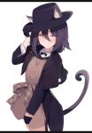  1girl absurdres animal_ears arknights bangs black_capelet black_coat black_gloves black_headwear blush bow brown_bow brown_dress capelet cat_ears cat_girl cat_tail closed_mouth coat dress ears_through_headwear eyebrows_visible_through_hair fedora frown gloves hair_between_eyes hand_on_headwear hat highres jewelry long_sleeves looking_at_viewer melantha_(arknights) mikisai necklace open_clothes open_coat pink_eyes purple_hair short_hair simple_background solo tail white_background 
