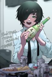  1girl :d absurdres alcohol bangs beer_can black_eyepatch black_hair black_neckwear blurry blurry_background blush bottle breasts can chainsaw_man collared_shirt commentary_request commission depth_of_field diagonal-striped_neckwear diagonal_stripes eyepatch green_eyes hair_over_one_eye half-closed_eye highres himeno_(chainsaw_man) holding holding_bottle jipponwazaari looking_at_viewer loose_necktie necktie open_mouth shirt short_hair skeb_commission smile solo striped striped_neckwear translation_request white_shirt 