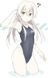  1girl ? anchor_symbol bare_arms bare_shoulders black_swimsuit blonde_hair brown_eyes clothes_writing collarbone eyebrows_visible_through_hair groin hair_between_eyes kantai_collection long_hair one-piece_swimsuit partially_submerged shigino_sohuzi shimakaze_(kantai_collection) solo swimsuit white_background 