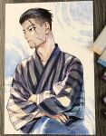  1boy black_eyes black_hair closed_mouth crossed_arms facial_hair facial_scar goatee golden_kamuy hair_strand isa_(peien516) japanese_clothes kimono long_sleeves looking_to_the_side male_focus ogata_hyakunosuke scar scar_on_cheek short_hair simple_background solo tagme upper_body 