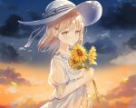  1girl absurdres blush dress eyebrows_visible_through_hair flower hat highres looking_at_viewer okiq original outdoors pinafore_dress short_hair sidelocks smile solo standing sundress sunflower sunset upper_body white_dress yellow_eyes 