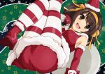  1girl bow breasts brown_eyes brown_hair christmas commentary_request countdown elbow_gloves fur_trim gloves hairband happy haruhisky hat high_heels holding holding_sack medium_breasts mini_hat open_mouth red_bow red_footwear red_gloves ribbon sack santa_hat short_hair snowflakes solo striped striped_legwear suzumiya_haruhi suzumiya_haruhi_no_yuuutsu yellow_hairband yellow_ribbon 