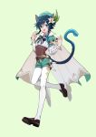  1boy animal_ears black_hair blue_eyes blue_hair blush braid cape cat_boy cat_ears cat_tail feathers flower gem genshin_impact giue_stick gradient_hair green_headwear hair_flower hair_ornament hat highres jewelry long_sleeves looking_at_viewer male_focus multicolored_hair open_mouth otoko_no_ko ribbon shoes shorts simple_background smile solo tail thigh-highs twin_braids venti_(genshin_impact) vision_(genshin_impact) white_background white_legwear 