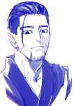  1boy blue_theme closed_mouth facial_hair facial_scar goatee golden_kamuy hair_strand isa_(peien516) japanese_clothes kimono looking_at_viewer male_focus monochrome ogata_hyakunosuke scar scar_on_cheek short_hair simple_background sketch solo upper_body 