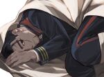  1boy black_eyes black_hair closed_mouth cloth facial_hair facial_scar goatee golden_kamuy hair_strand isa_(peien516) legs_together long_sleeves looking_at_viewer male_focus military military_uniform ogata_hyakunosuke one_eye_covered scar scar_on_cheek shirt short_hair simple_background solo uniform 