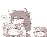  3girls 4girls :&lt; :i anger_vein animal_ears braid bulga cat_ears cat_girl chibi cs_perrault dog_ears dog_girl fang fenrir_(last_origin) full_body gloves hachiko_of_castling last_origin licking multiple_girls paw_gloves paws simple_background spoken_anger_vein triangle_mouth twin_braids white_background wolf_ears wolf_girl 