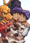  2boys bangs baseball_cap brothers charizard clenched_teeth commentary_request dark_skin dark_skinned_male eye_contact eyelashes facial_hair fingernails gen_1_pokemon gen_8_pokemon hand_on_another&#039;s_shoulder hat highres hop_(pokemon) komame_(st_beans) leon_(pokemon) looking_at_another male_focus multiple_boys one_eye_closed pokemon pokemon_(creature) pokemon_(game) pokemon_swsh purple_hair red_shirt shirt siblings smile teeth wooloo yellow_eyes 