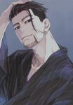  1boy black_eyes black_hair black_kimono closed_mouth facial_hair facial_scar goatee golden_kamuy hair_strand hand_in_hair isa_(peien516) japanese_clothes kimono light_smile long_sleeves looking_at_viewer male_focus ogata_hyakunosuke open_clothes open_kimono scar scar_on_cheek shirt short_hair simple_background solo upper_body 