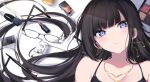  1girl bangs bare_shoulders black_hair blue_eyes blush breasts brush earrings eyewear_removed glasses head_tilt highres jewelry lipstick long_hair looking_at_viewer lying makeup necklace on_back original parted_lips ringed_eyes sidelocks solo spider_apple 