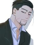  1boy black_eyes black_hair black_suit closed_mouth face facial_hair facial_scar goatee golden_kamuy hair_strand half-closed_eyes isa_(peien516) looking_at_viewer male_focus ogata_hyakunosuke open_clothes open_shirt scar scar_on_cheek shirt short_hair simple_background solo upper_body white_shirt 