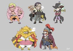  5boys absurdres blonde_hair bossa cat_boy cat_tail chest chibi cigar cross cross_necklace crossed_arms dog_boy dog_tail donquixote_doflamingo dracule_mihawk facial_scar feather_boa full_body furry highres inuarashi_(one_piece) japanese_clothes jewelry kimono long_sleeves male_focus multiple_boys muscle necklace nekomamushi one_piece open_clothes open_kimono open_shirt orange_pants pants pink_pants sand sandals scar short_hair shorts sir_crocodile smile smoking spread_legs sunglasses sword sword_behind_back tail tongue tongue_out weapon 