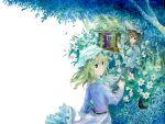  2girls black_skirt book dress flower graphite_(medium) holding holding_book maribel_hearn mononofu7 multiple_girls outdoors purple_dress purple_shirt shirt shrine skirt touhou traditional_media tree usami_renko watercolor_(medium) white_shirt 