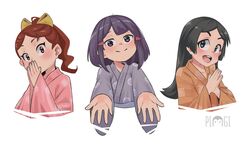  3girls ahoge artist_request avery_(little_witch_academia) bangs barbara_parker black_hair blue_eyes blush bow brown_eyes brown_hair brown_kimono collarbone covering_mouth hair_bow hair_ornament hairclip hands_together hanna_england highres hime_cut japanese_clothes kimono little_witch_academia long_hair looking_at_viewer multiple_girls open_mouth outstretched_arms pink_kimono ponytail purple_hair purple_kimono smile upper_body upper_teeth violet_eyes white_background yellow_bow 