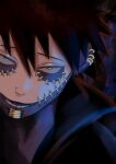  1boy absurdres bangs black_hair blue_eyes boku_no_hero_academia burn_scar close-up commentary_request dabi_(boku_no_hero_academia) earrings face highres hyakki_non jewelry looking_at_viewer lower_teeth male_focus open_mouth piercing scar short_hair solo spiky_hair 