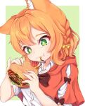  +_+ 1girl bacon bow braid brown_bow cheese collared_shirt ears eating food green_background green_eyes hair_bow hamburger holding holding_food lettuce medium_hair meemo orange_hair original pickle shirt sleeves_rolled_up smile solo upper_body white_shirt yellow_bow 