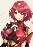  1girl armor bangs blush breasts earrings gem hair_ornament hands_on_own_chest headpiece jewelry large_breasts looking_at_viewer pose pyra_(xenoblade) redhead short_hair shoulder_armor smile solo swept_bangs tiara usui_natrium xenoblade_chronicles_(series) xenoblade_chronicles_2 