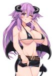  1girl ;p adult_neptune alternate_breast_size alternate_costume bare_shoulders black_bra blush bra breasts cowboy_shot demon_horns demon_tail dura hair_between_eyes halloween halloween_costume hand_on_own_cheek highres horns huge_breasts lifted_by_self long_hair looking_at_viewer miniskirt naughty_face navel neptune_(series) one_eye_closed panties purple_hair revealing_clothes shin_jigen_game_neptune_vii skirt skirt_lift solo striped striped_panties tail tongue tongue_out underwear very_long_hair violet_eyes 