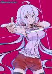  1girl ahoge armpits breasts cowboy_shot large_breasts long_hair looking_at_viewer mutsuki_riichi pink_background pointing senki_zesshou_symphogear shorts silver_hair smile solo thigh-highs twintails violet_eyes wide_sleeves yukine_chris 