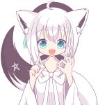  1girl absurdres ahoge animal_ears aqua_eyes bangs bow commentary_request eyebrows_visible_through_hair fox_ears fox_girl fox_tail highres hololive kurasesu looking_at_viewer shirakami_fubuki simple_background solo tail virtual_youtuber white_background white_bow white_hair 