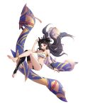  1girl :d absurdres anklet bandeau black_hair black_legwear commentary_request earrings eyulam fate/grand_order fate_(series) floating_hair highres hoop_earrings ishtar_(fate)_(all) ishtar_(fate/grand_order) jewelry long_hair looking_at_viewer midriff navel open_mouth red_eyes simple_background single_thighhigh smile solo stomach strapless thigh-highs thighs tubetop white_background 