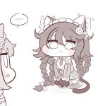  ... 2girls :3 animal_ears blush_stickers braid bulga cat_ears cat_girl cat_tail chibi cs_perrault fang flower gloves hair_between_eyes hair_flower hair_ornament highres last_origin maid_headdress minigirl monochrome multiple_braids multiple_girls open_mouth paw_gloves paws poi_(last_origin) simple_background tail white_background 