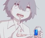  1boy absurdres avogado6 collared_shirt drugs eating grey_background grey_hair hair_between_eyes highres holding jitome male_focus open_mouth original pill_bottle shirt short_hair simple_background solo translated white_eyes white_shirt white_skin wing_collar 