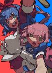  2girls :d absurdres aqua_eyes arm_up blue_hair blue_ribbon bright_pupils eyebrows_visible_through_hair green_eyes hair_ribbon hairband highres huge_filesize multiple_girls omega_rei omega_rio omega_sisters omega_symbol open_mouth pink_hair puffy_short_sleeves puffy_sleeves red_hairband ribbon short_sleeves smile teeth thigh-highs twintails two-tone_background virtual_youtuber white_legwear white_pupils yaya_hiyayaka zettai_ryouiki 