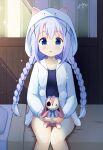  1girl :o against_wall animal_hood bangs bed blanket blue_eyes blue_ribbon blue_swimsuit blush braid bunny_hood commentary_request drawstring eyebrows_visible_through_hair eyepatch gochuumon_wa_usagi_desu_ka? hair_ornament highres holding holding_stuffed_toy hood hood_up hooded_jacket inakami indoors jacket kafuu_chino light_blue_hair long_hair looking_at_viewer on_bed one-piece_swimsuit open_clothes open_jacket pillow pom_pom_(clothes) ribbon school_swimsuit sitting sitting_on_bed solo stuffed_animal stuffed_bunny stuffed_toy swimsuit twin_braids wooden_wall x_hair_ornament 