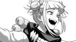  1girl :d bangs blunt_bangs blush boku_no_hero_academia commentary_request double_bun fangs grey_background greyscale looking_to_the_side messy_hair monochrome open_mouth portrait sayshownen short_hair smile solo teeth toga_himiko upper_body 