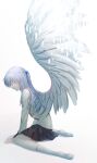  1girl angel_beats! angel_wings black_skirt closed_eyes feathered_wings from_side full_body hair_ornament highres jacket kneehighs leaning_forward long_hair long_sleeves miniskirt pleated_skirt profile silver_hair simple_background sitting skirt solo tachibana_kanade wariza white_background white_jacket white_legwear white_wings wings zuzuhashi 