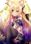  1girl animal_ear_fluff animal_ears bangs bare_shoulders blonde_hair chair collarbone fang fischl_(genshin_impact) garter_belt garter_straps genshin_impact green_eyes hair_between_eyes karappo_(poket12) long_hair looking_at_viewer smile tail 