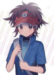  1boy blue_jacket brown_eyes brown_hair closed_mouth commentary_request highres holding_strap jacket looking_at_viewer male_focus messy_hair nate_(pokemon) oshi_taberu pokemon pokemon_(game) pokemon_bw2 red_headwear short_sleeves solo star_(symbol) upper_body visor_cap 