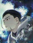  1boy black_eyes black_hair cloak closed_mouth facial_hair facial_scar from_side goatee golden_kamuy hair_strand isa_(peien516) looking_at_another looking_at_viewer male_focus ogata_hyakunosuke scar scar_on_cheek short_hair solo upper_body 