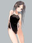  1girl bangs bare_shoulders black_swimsuit blush breasts brown_eyes brown_hair closed_mouth collarbone competition_swimsuit eyebrows_visible_through_hair forehead grey_background head_tilt highres long_hair looking_at_viewer one-piece_swimsuit original parted_bangs sakazakinchan simple_background small_breasts solo swimsuit very_long_hair 